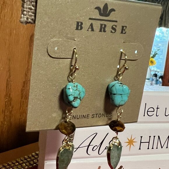 NWT Barse Genuine Stones Tiger’s Eye & Magnesite Drop Fishhook Earrings #BJER - Picture 4 of 6